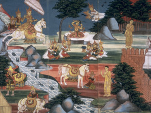 Prince Siddhattha cuts off his hair at the Anoma river and receives offerings for his life as a