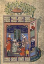 Zal holding the 'simurgh's' feather during the birth of Rustam, c1590-c1595. Zal holds the bird's