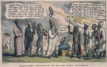 'Missionary Influence or How to Make Converts', 1815. A procession of Christian priests, led by a