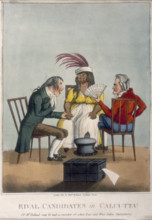 'Rival Candidates in Calcutta', 1813. A woman wearing a feathered hat, an allegorical figure