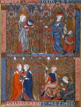 Friendship and Hatred; Jonathan, David and Saul, c1290-c1300. 'Amitié'. At top left a crowned