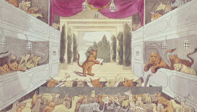 The Tyger's Theatre, 1808. A tiger holding a card inscribed 'O.P.' takes centre stage performing to