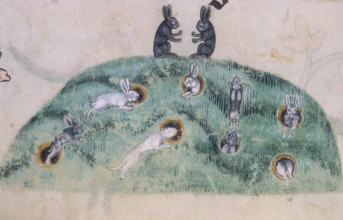 A rabbit warren, c1300-c1340. Two rabbits sit on top of the warren. Below them rabbits hop from
