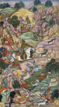 Babur hunting deer between 'Ali Shang and Alangar near Kabul, Afghanistan, 1520. Babur, riding a