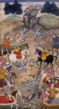 A battle between Babhruvahana, son of Arjuna, and the snakes in the nether regions, 1598. In