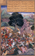 Battle of the tribes watched by Majnun who is holding a rock, 1595. Majnun stands in the centre
