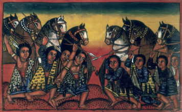 Cavalry going into battle, with spears and shields, c1721-c1730. From the "Nagara Maryam", which