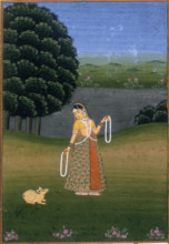 A woman in a garden, beckoning a cowering animal, (c17th-c18th century?).