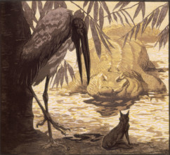 Crocodile, wolf and stork; scene from "The Jungle Book", 1919. From a French translation of "The