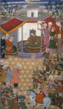 Bayazidi brought before Timur, 1600. Timur sits enthroned under a canopy with attendants by his
