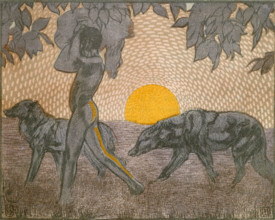 Mowgli and wolves; scene from "The Jungle Book", 1919. From a French translation of "The Jungle