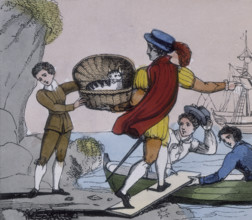 Dick Whittington handing over his cat to the captain of a ship, 1845. A sad-looking Dick passes a