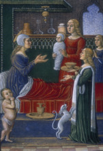 The Birth of the Virgin, end of the 15th century. Saint Anne sits up in bed, holding her hands out