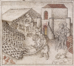 A brickyard, c1300-c1340. The bricks have been lined up into patterns. One man carries a pile of