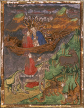 Jove, surrounded by the sun's rays, sits in boat with Europa, 1450. In the foreground, Europa is