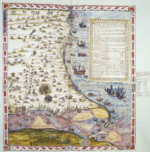 Top half of Lord Burghley's chart of the Humber, 1579. Coloured manuscript plan of the River Humber