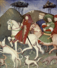 Noblemen on horseback with their dogs, 15th century.