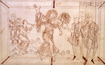 Luxuria tempting men to abandon their arms in favour of debauchery, c950-c999. She dances to the
