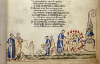 Dante and Virgil with Geryon, c1370. Left to right: Virgil, with Dante at his side, speaks to