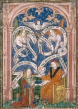 An alchemical disciple receives a book from his master, c1477. The kneeling figure probably