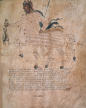 Centaur, 9th century. Mythical creature made of Latin lettering. From the "Aratea".