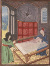 Arachne at her loom, visited by Athena disguised as an old woman, late 15th century. The talented