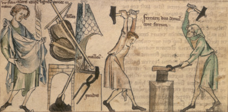 Blacksmiths at work, second half of the 14th century. From a translation of Liber Astrologiae, a