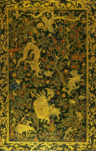 Dragons and other creatures, with floral decoration in gold.