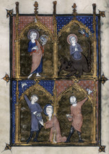 Four miniatures, c1295-c1310. At top right a female saint emerges from the body of a dragon as the