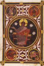 Christ in majesty, 1109. Set within a circle, his right hand raised in blessing, and holding a book