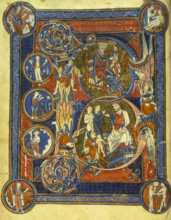 King David playing the harp, and the Judgement of Solomon, c1260. Psalm 1; Beatus initial. David