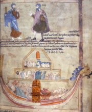 Noah's Ark, second quarter of the 11th century. God speaks to Noah, and below is the Ark with Noah,