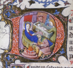 The Virgin, With Christ Laid In The Manger, c1200? Initial D. Mary rests after giving birth, while