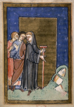 St Cuthbert shows a dolphin sliced in three and ready for cooking, 1200. The saint points at a