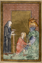 An eagle provides Cuthbert with a fish, and is duly given a share, 1200. From "The Life and