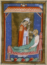 Cuthbert healing an ill man, last quarter of the 12th century. Miniature of the saint healing