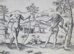 Ewaiponoma or Blemmyae, 1599. Headless human creatures with their faces on their chests and armed
