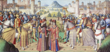 Armies meeting, 1475. Two armies face each other, while in the centre a discussion is taking place.