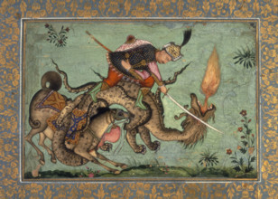 Rustam and his horse Rahksh fighting a dragon. 1640-1660. Rustam, legendary hero in Persian