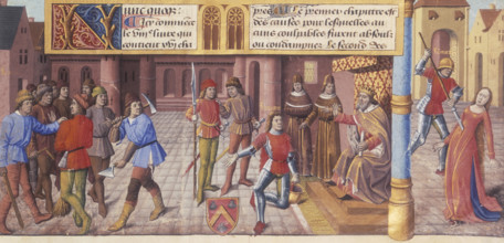 Scenes from Roman history, 1475. A king and courtiers, and a woman being murdered with a spear.