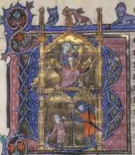 Initial B. Psalter and Horae, c1295-c1310. Scenes from the life of King David. Above: David playing