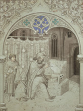 Sir John Mandeville writing an account of his voyage, c1410-c1420. He is writing on a roll of