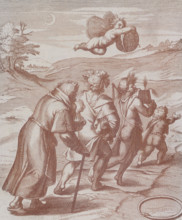 Four figures in a landscape being guided by a cherub in the sky, 1777. A small boy, pointing the