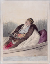 Ali Tebelen, Pacha de Janina, 1819. Ali Pasha (1741-1822) reclining in a boat smoking a pipe, and