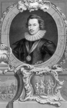 George Villiers, 1st Duke of Buckingham, c1743-c1751. Beneath his portrait is a small vignette of a