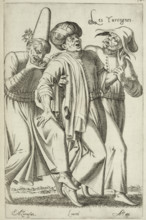 Les Yvrongnes (The Drunkards), 1568. Three men joking and singing, leaning on each other. The two