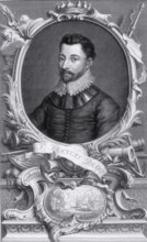 Sir Francis Drake, c1743-c1751. Portrait of Drake (1540-1596) made in the 18th century. Below the