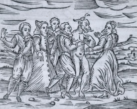 Dancing with the devil on the Sabbath, 1608. Men and women frolicking with the devil, who is