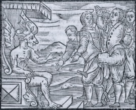 Sorcerers paying homage to the devil, 1608. The horned and winged devil sits on a throne receiving