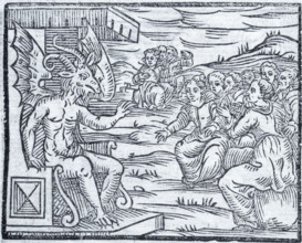 Satan pronounces a discourse to sorcerers, 1608. Women and men sit at the feet of an enthroned